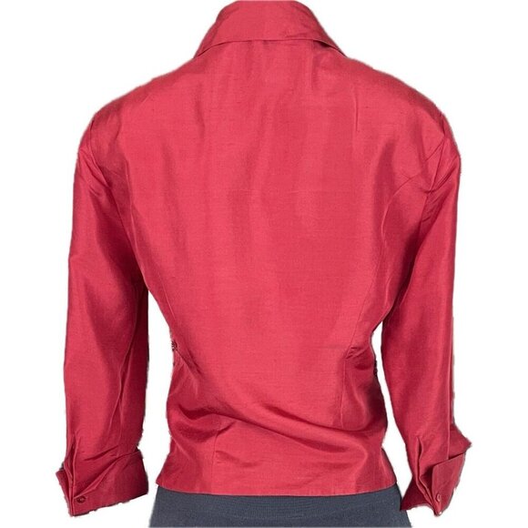 Ice 4 Red Silk Beaded Floral Button Down Front Lined Collar 3/4 Sleeve Blouse - Picture 4 of 6